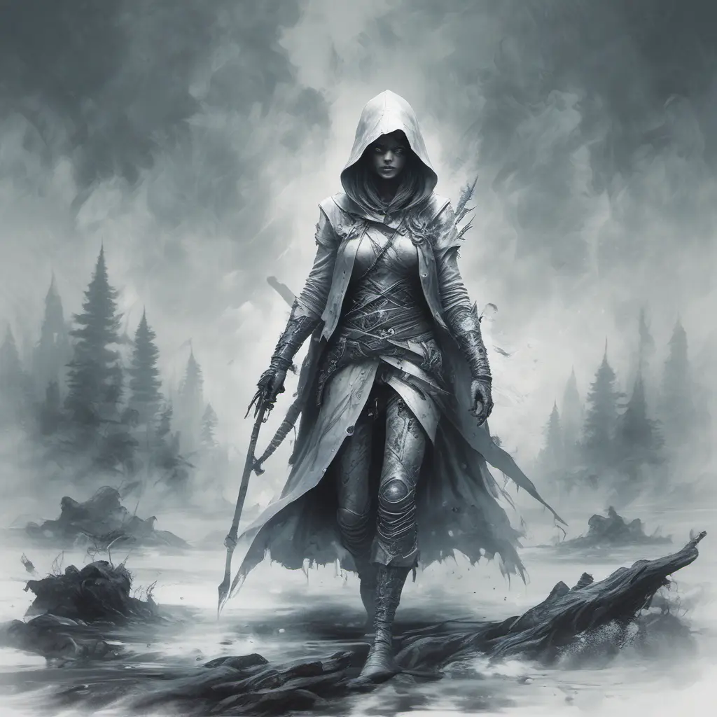 Female white hooded Assassin emerging from the fog of war, Highly Detailed, Vibrant Colors, Ink Art, Fantasy, Dark by Stefan Kostic