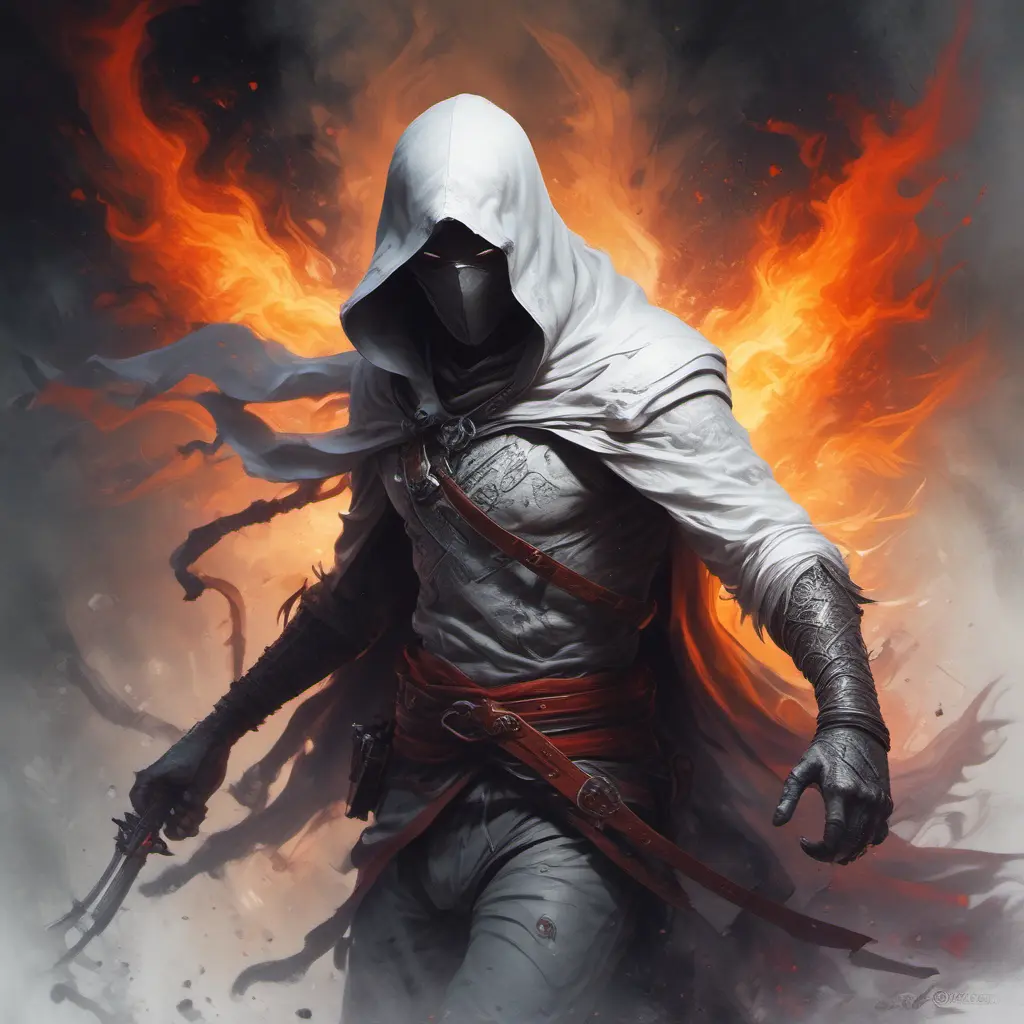 White Assassin emerging from a firey fog of battle, ink splash, Highly Detailed, Vibrant Colors, Ink Art, Fantasy, Dark by Stanley Artgerm Lau