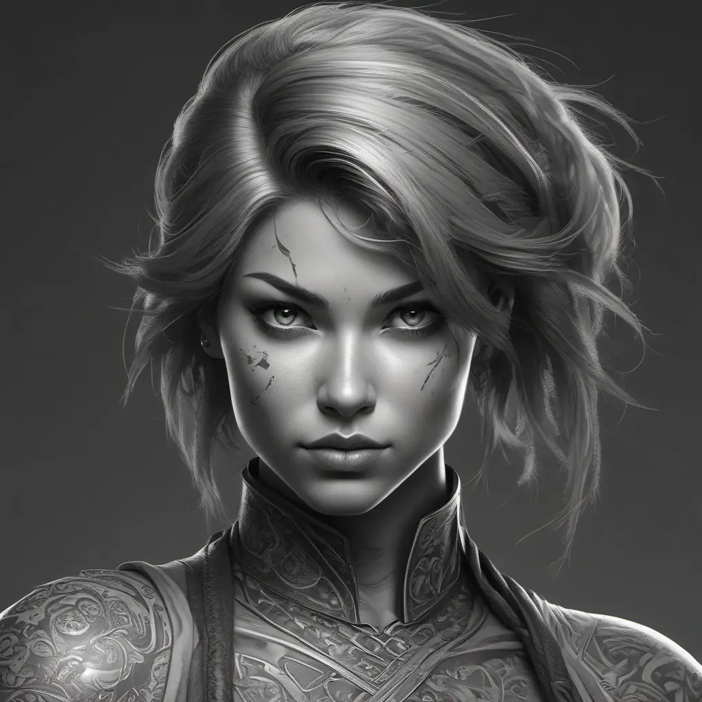 Grayscale matte portrait of a beautiful female ninja with tattoos, 4k, Highly Detailed, Powerful, Alluring, Artstation, Magical, Digital Painting, Photo Realistic, Sharp Focus, Volumetric Lighting, Concept Art by Stanley Artgerm Lau, Alphonse Mucha, Greg Rutkowski