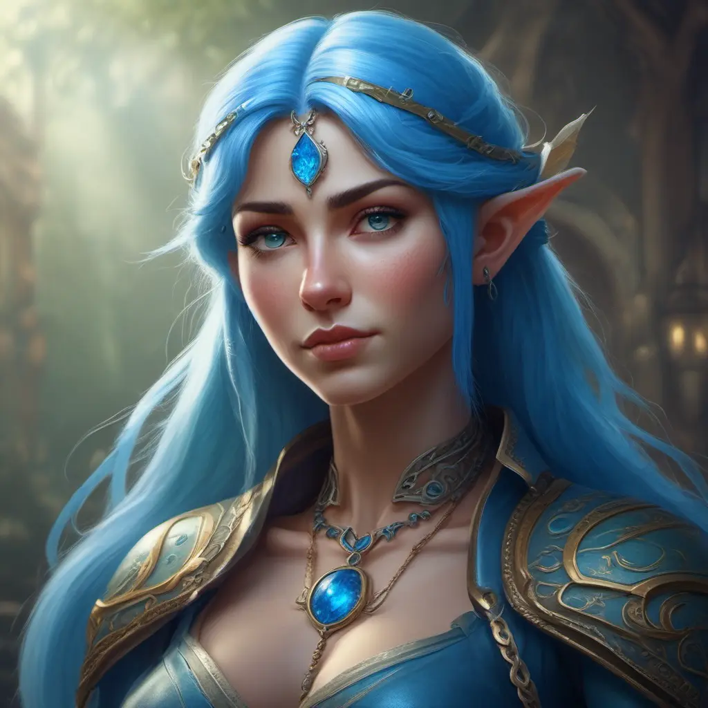 D&D concept art of gorgeous elven woman with blue hair in the style of Stefan Kostic, 8k, High Definition, Highly Detailed, Intricate, Half Body, Realistic, Sharp Focus, Fantasy, Elegant by Luis Ricardo Falero