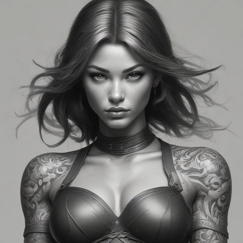 Grayscale matte portrait of a beautiful female ninja with tattoos, 4k, Highly Detailed, Powerful, Alluring, Artstation, Magical, Digital Painting, Photo Realistic, Sharp Focus, Volumetric Lighting, Concept Art by Stanley Artgerm Lau, Alphonse Mucha, Greg Rutkowski