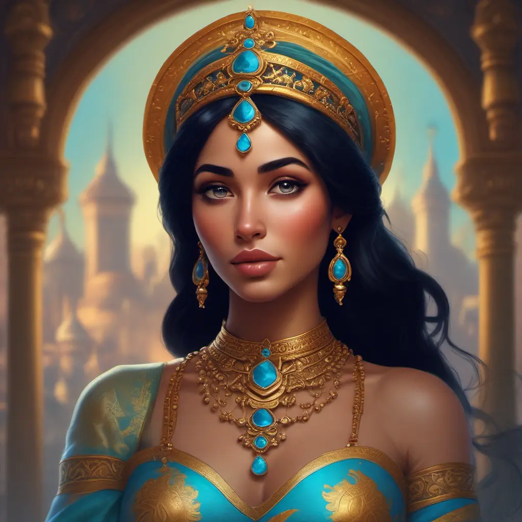 Alluring matte portrait of Princess Jasmine, 4k, 4k resolution, 8k, HD, High Definition, High Resolution, Highly Detailed, HQ, Hyper Detailed, Intricate Artwork, Ultra Detailed, Digital Painting, Matte Painting, Realistic, Sharp Focus, Dim light, Fantasy by Greg Rutkowski