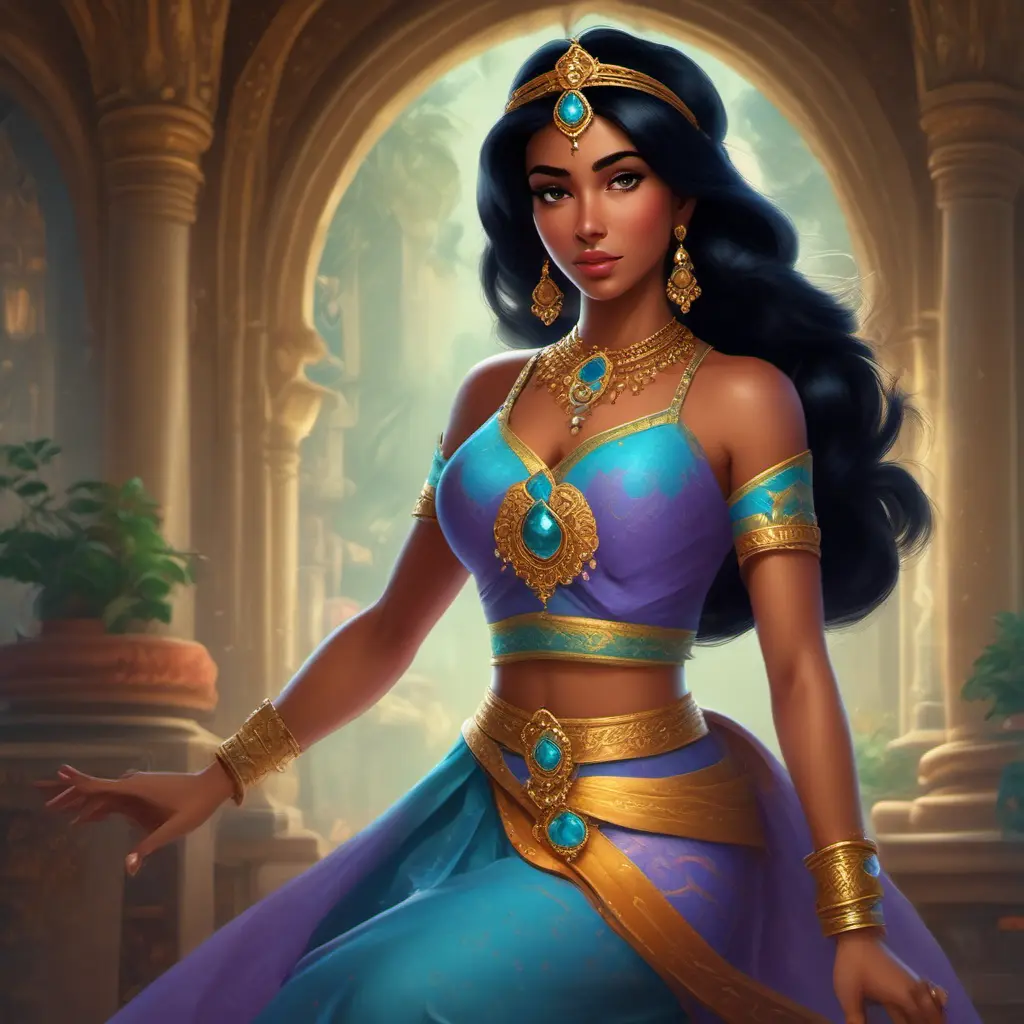 Alluring matte portrait of Princess Jasmine, 4k, 4k resolution, 8k, HD, High Definition, High Resolution, Highly Detailed, HQ, Hyper Detailed, Intricate Artwork, Ultra Detailed, Digital Painting, Matte Painting, Realistic, Sharp Focus, Dim light, Fantasy by Greg Rutkowski