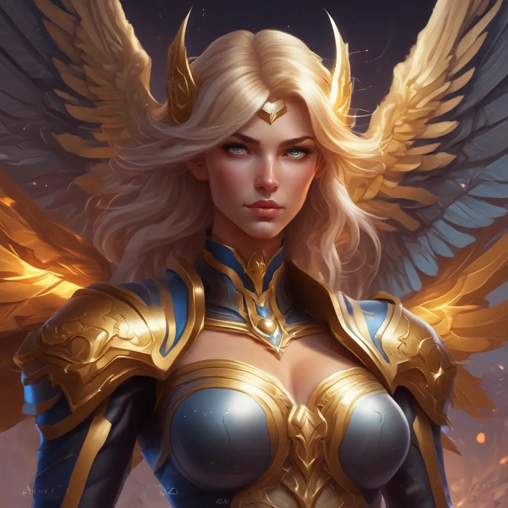 Matte portrait of Kayle from League of Legends with tattoos, 8k, Highly Detailed, Powerful, Alluring, Artstation, Magical, Digital Painting, Photo Realistic, Sharp Focus, Volumetric Lighting, Concept Art by Stanley Artgerm Lau, Alphonse Mucha, Greg Rutkowski