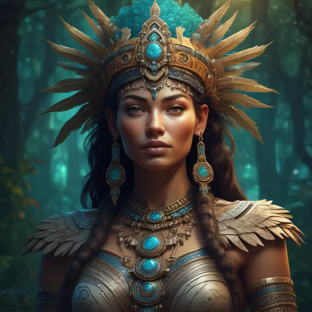 Closeup of a beautiful Aztec Queen in a magical forest, 4k, Highly Detailed, Masterpiece, Pretty Face, Digital Illustration, Cinematic Lighting, Realistic, Sharp Focus, Centered, Beautifully Lit, Bioluminescent by Stanley Artgerm Lau