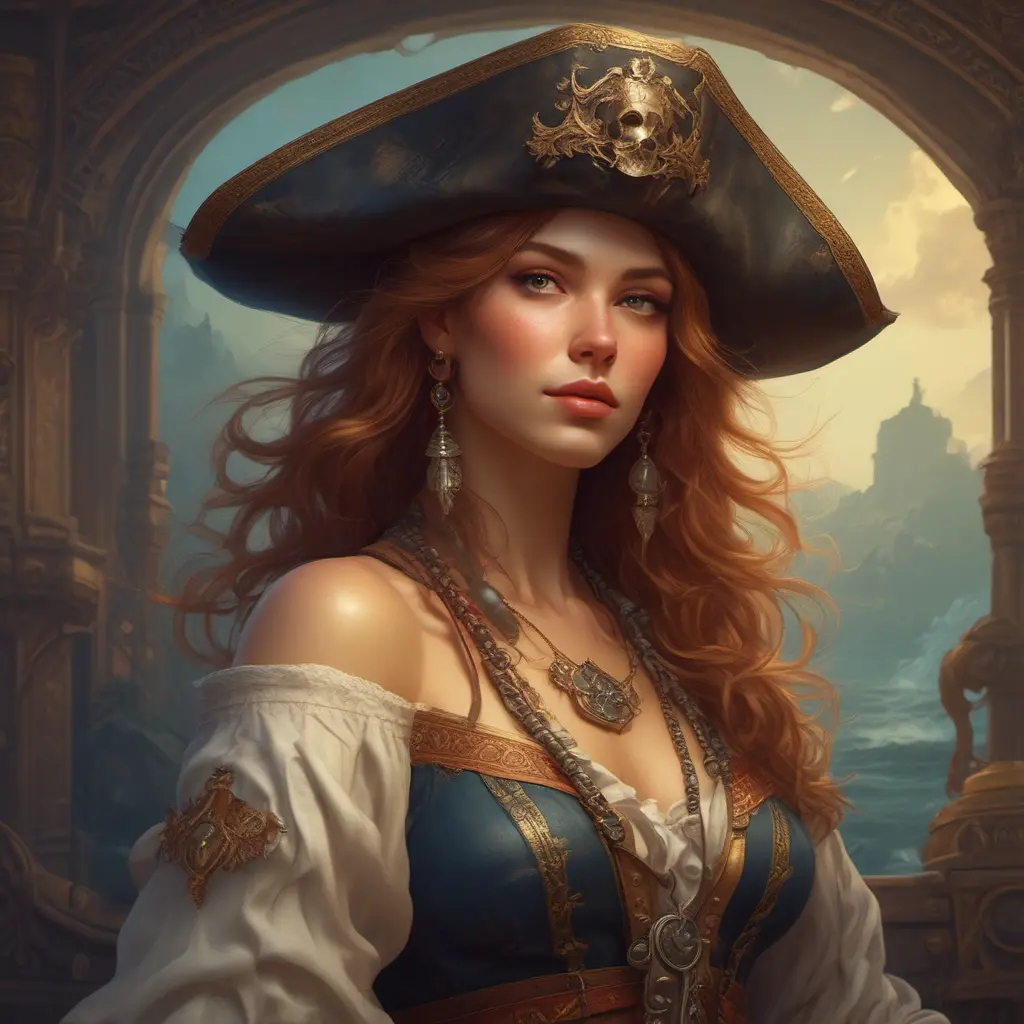 Alluring matte portrait of a beautiful female Pirate, 8k, Highly Detailed, Intricate, Half Body, Realistic, Sharp Focus, Volumetric Lighting, Fantasy, Elegant by Alphonse Mucha