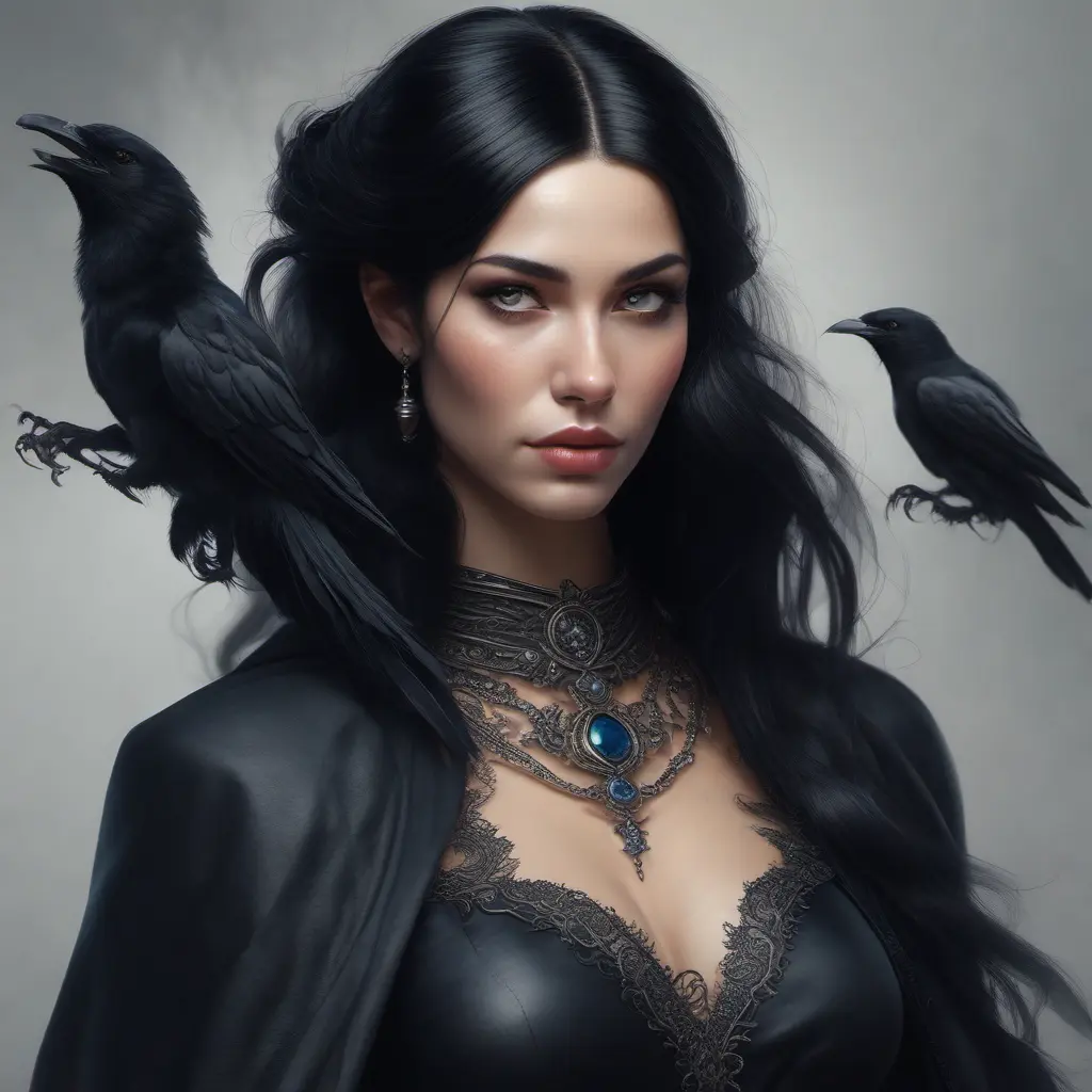 Alluring portrait of a beautiful raven black-haired veiled & caped vampire with sharp features and piercing eyes in the style of Stefan Kostic, 8k, High Definition, Highly Detailed, Intricate, Half Body, Realistic, Sharp Focus, Fantasy, Elegant