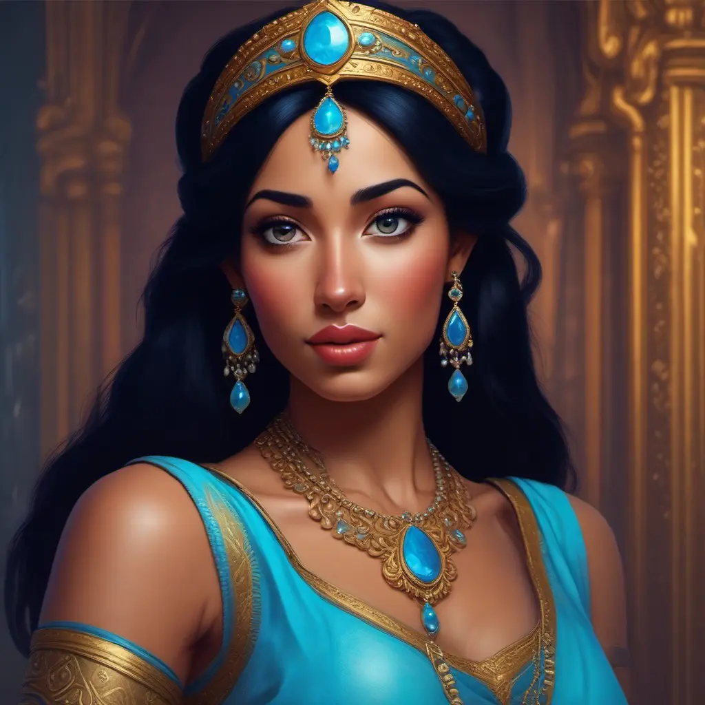 Alluring matte portrait of Princess Jasmine, 4k, 4k resolution, 8k, HD, High Definition, High Resolution, Highly Detailed, HQ, Hyper Detailed, Intricate Artwork, Ultra Detailed, Digital Painting, Matte Painting, Realistic, Sharp Focus, Dim light, Fantasy by Greg Rutkowski