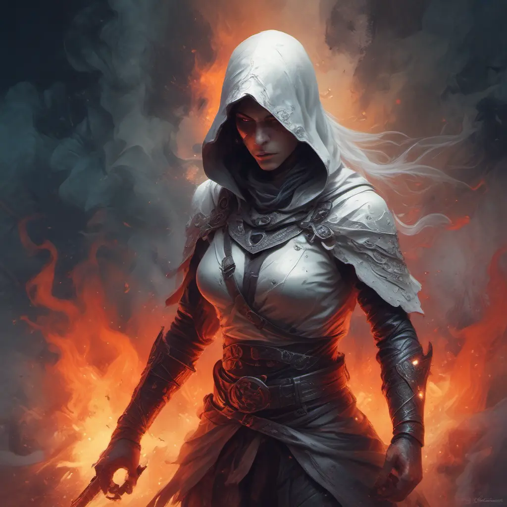 White Assassin emerging from a firey fog of battle, ink splash, Highly Detailed, Vibrant Colors, Ink Art, Fantasy, Dark by Stanley Artgerm Lau