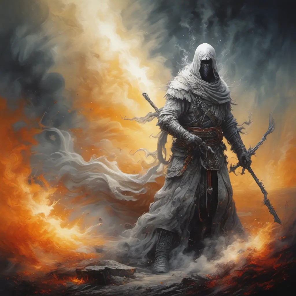 White Assassin emerging from a firey fog of battle, ink splash, Highly Detailed, Vibrant Colors, Ink Art, Fantasy, Dark by Gilbert Williams