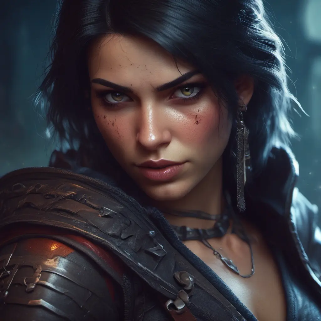 Alluring female rouge assassin in The Witcher 3 Style, 4k, Highly Detailed, Beautiful, Cinematic Lighting, Sharp Focus, Volumetric Lighting, Closeup Portrait, Concept Art