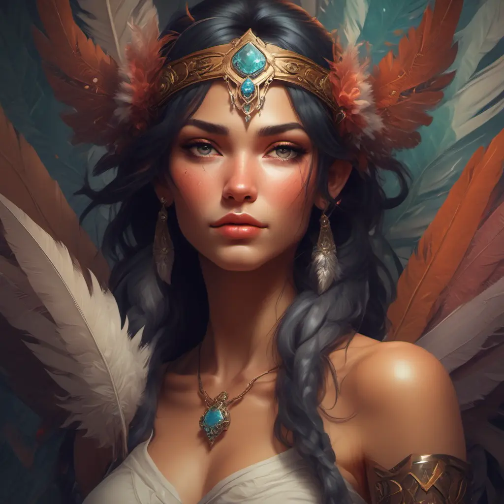 Alluring matte portrait of a beautiful Nidalee wearing feathers, 8k, Highly Detailed, Intricate, Half Body, Realistic, Sharp Focus, Volumetric Lighting, Fantasy, Elegant by Stanley Artgerm Lau, Alphonse Mucha, WLOP