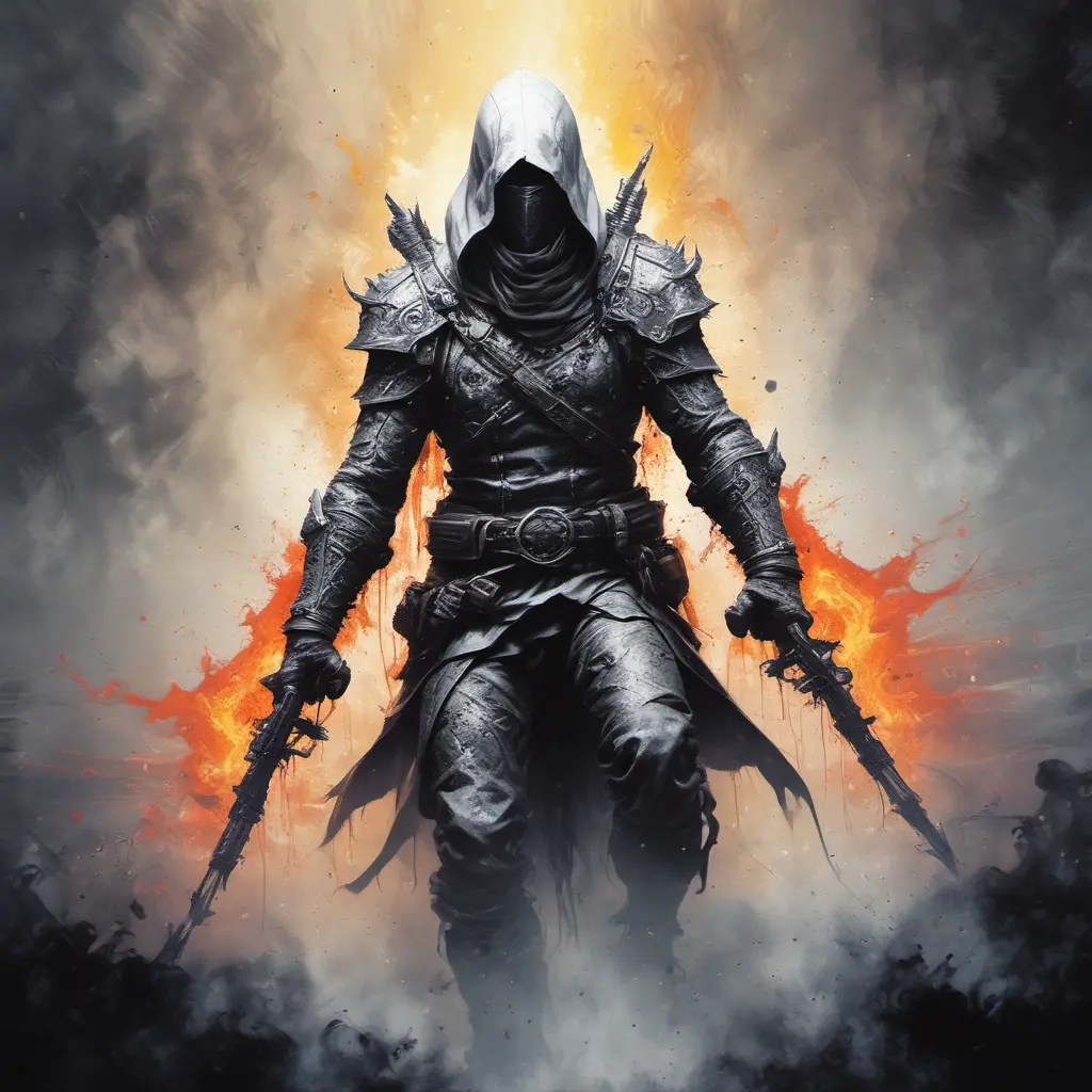 White Assassin emerging from a firey fog of battle, ink splash, Highly Detailed, Vibrant Colors, Ink Art, Fantasy, Dark by Vincent Di Fate