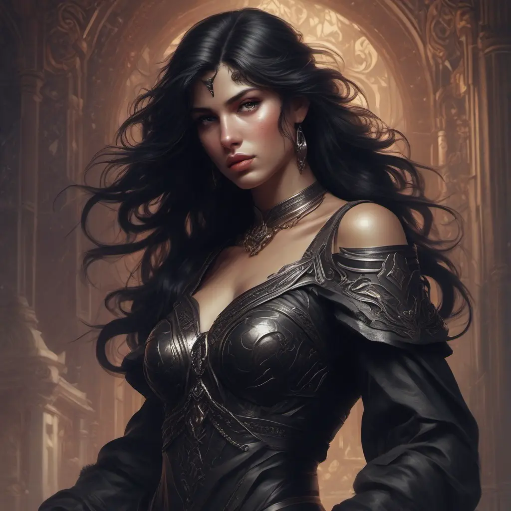 Alluring matte portrait of a fierce beautiful Kassandra in black, 8k, Highly Detailed, Intricate, Half Body, Realistic, Sharp Focus, Volumetric Lighting, Fantasy, Elegant by Stanley Artgerm Lau, Alphonse Mucha, WLOP, Stefan Kostic