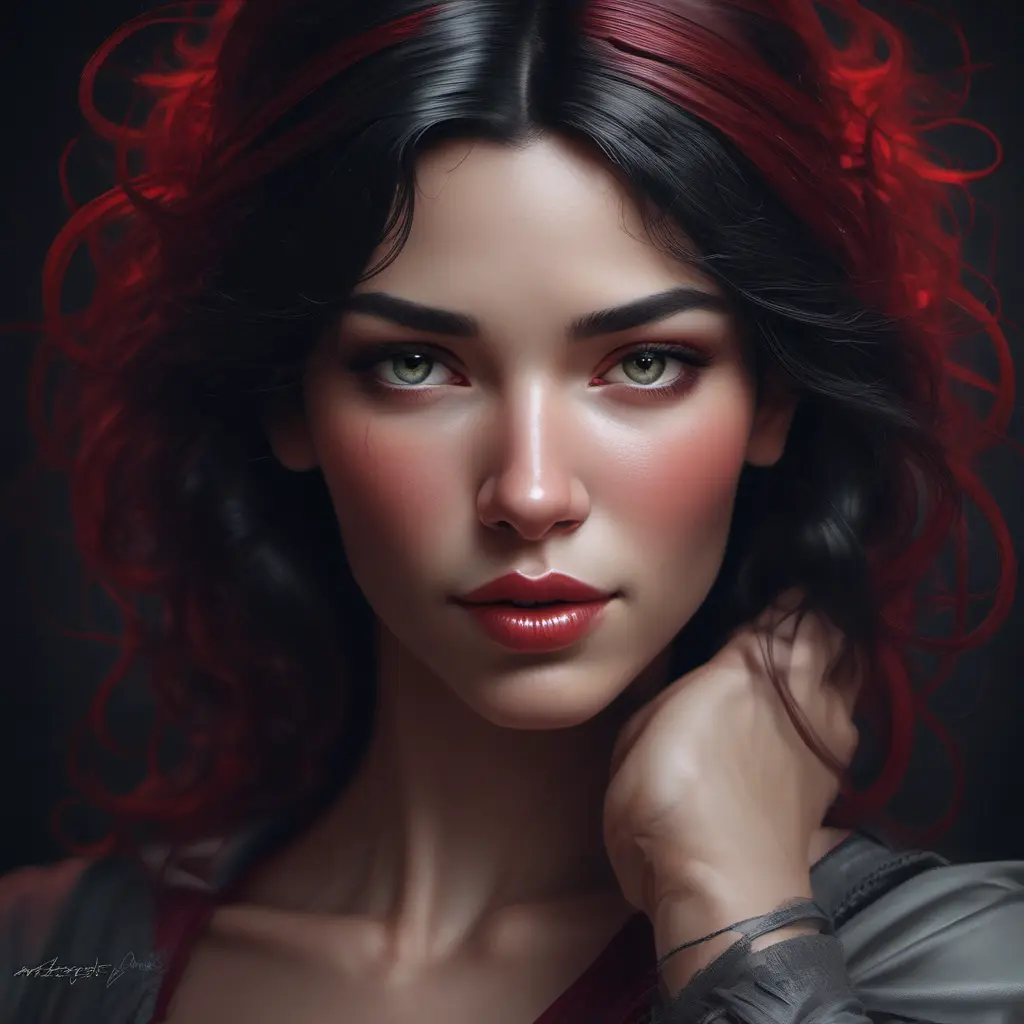 Alluring matte portrait of a beautiful A2 in black dark red, 8k, Highly Detailed, Intricate, Half Body, Realistic, Sharp Focus, Volumetric Lighting, Fantasy, Elegant by Stanley Artgerm Lau, Alphonse Mucha, WLOP, Stefan Kostic