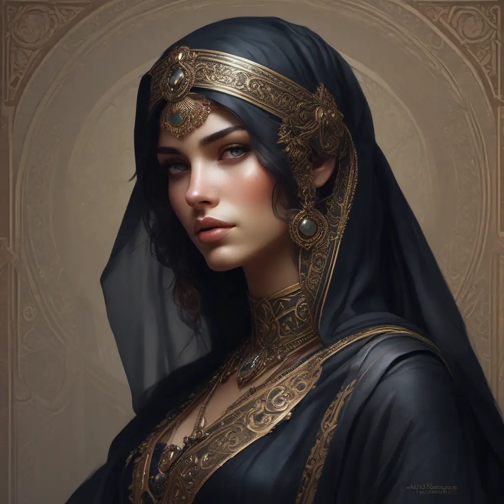 Alluring matte portrait of a beautiful veiled Kassandra wearing a black veil, 8k, Highly Detailed, Intricate, Half Body, Realistic, Sharp Focus, Volumetric Lighting, Fantasy, Elegant by Stanley Artgerm Lau, Alphonse Mucha, WLOP