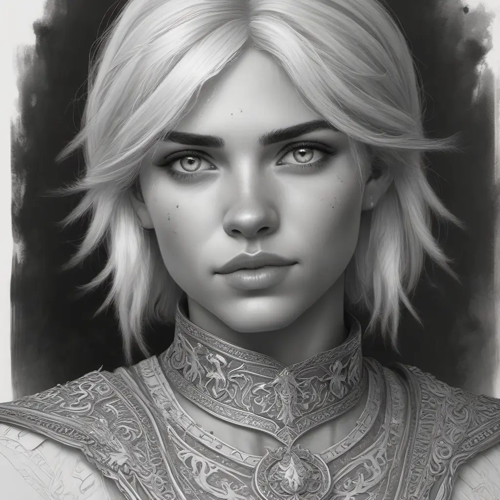 Black & White portrait of Ciri, Highly Detailed, Intricate, Artstation, Beautiful, Digital Painting, Sharp Focus, Concept Art, Elegant