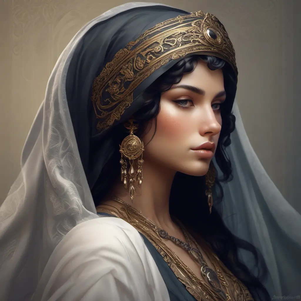 Alluring matte portrait of a beautiful veiled Kassandra wearing a black veil, 8k, Highly Detailed, Intricate, Half Body, Realistic, Sharp Focus, Volumetric Lighting, Fantasy, Elegant by Stanley Artgerm Lau, Alphonse Mucha, WLOP