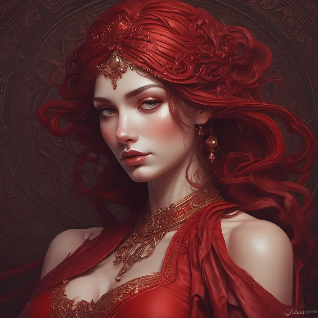 Alluring matte portrait of the beautiful Morgana in dark red, 8k, Highly Detailed, Intricate, Realistic, Sharp Focus, Volumetric Lighting, Fantasy, Elegant by Stanley Artgerm Lau, Alphonse Mucha, WLOP, Stefan Kostic