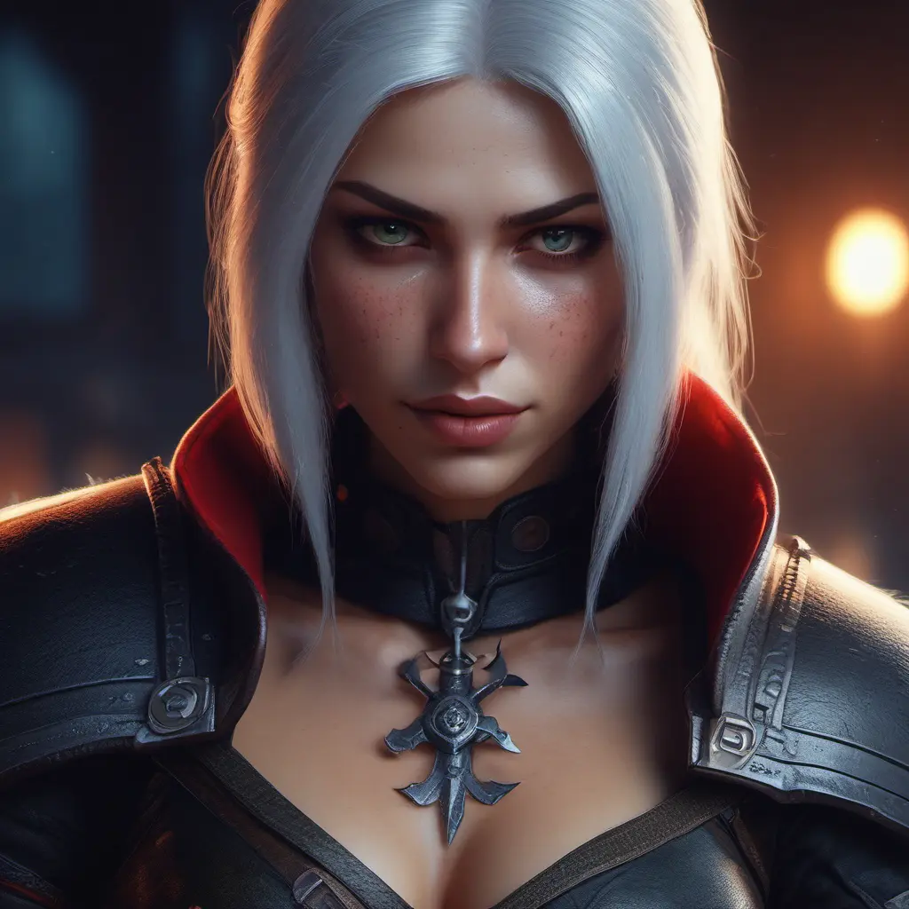 Alluring female rouge assassin in The Witcher 3 Style, 4k, Highly Detailed, Beautiful, Cinematic Lighting, Sharp Focus, Volumetric Lighting, Closeup Portrait, Concept Art