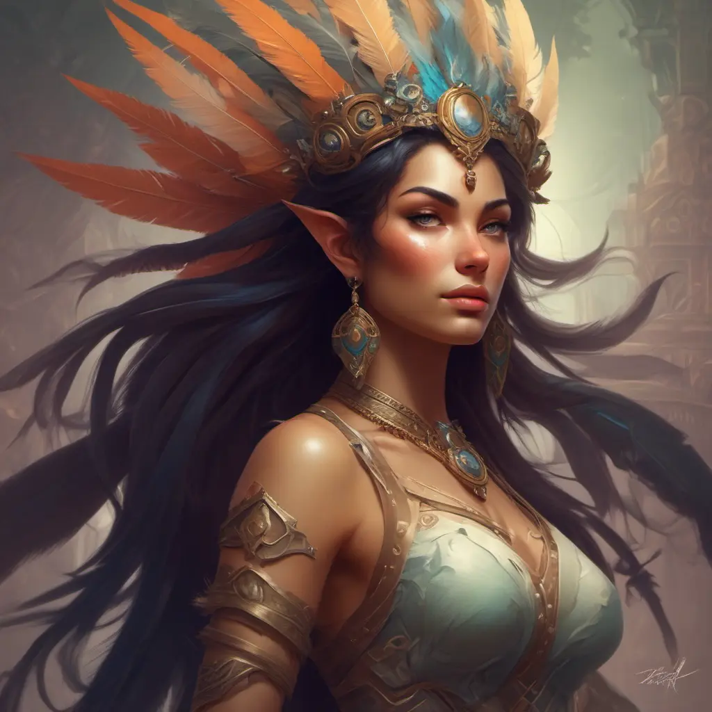 Alluring matte portrait of a beautiful Nidalee wearing feathers, 8k, Highly Detailed, Intricate, Half Body, Realistic, Sharp Focus, Volumetric Lighting, Fantasy, Elegant by Stanley Artgerm Lau, Alphonse Mucha, WLOP