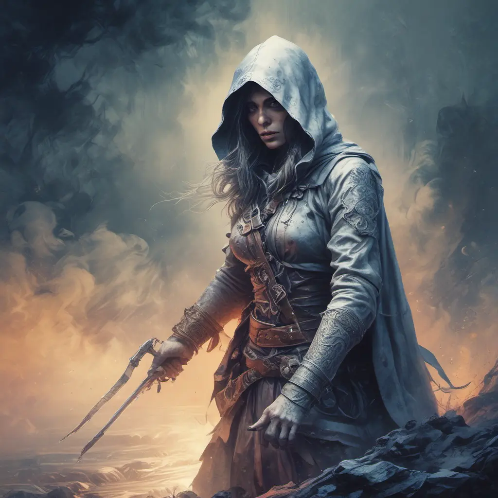 White hooded female assassin emerging from the fog of war, Highly Detailed, Vibrant Colors, Ink Art, Fantasy, Dark by Vincent Di Fate