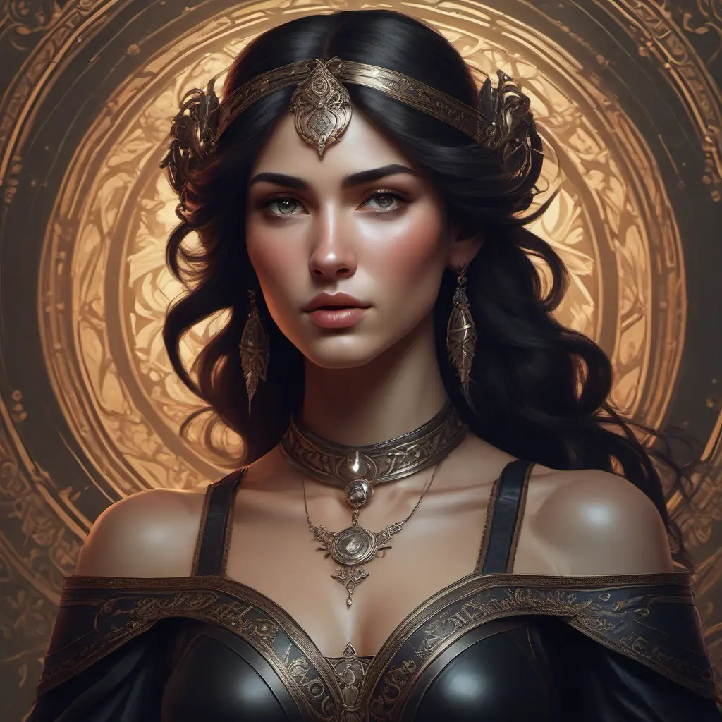 Alluring matte portrait of a beautiful Kassandra in black, 8k, Highly Detailed, Intricate, Half Body, Realistic, Sharp Focus, Volumetric Lighting, Fantasy, Elegant by Stanley Artgerm Lau, Alphonse Mucha, WLOP, Stefan Kostic