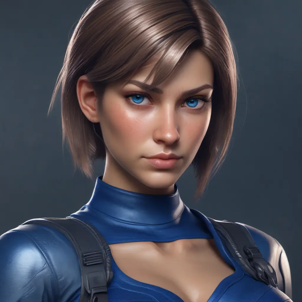 Alluring highly detailed matte portrait of a beautiful Jill Valentine with shimmering hair in the style of Stefan Kostic, 8k, High Definition, Highly Detailed, Intricate, Half Body, Realistic, Sharp Focus, Fantasy, Elegant