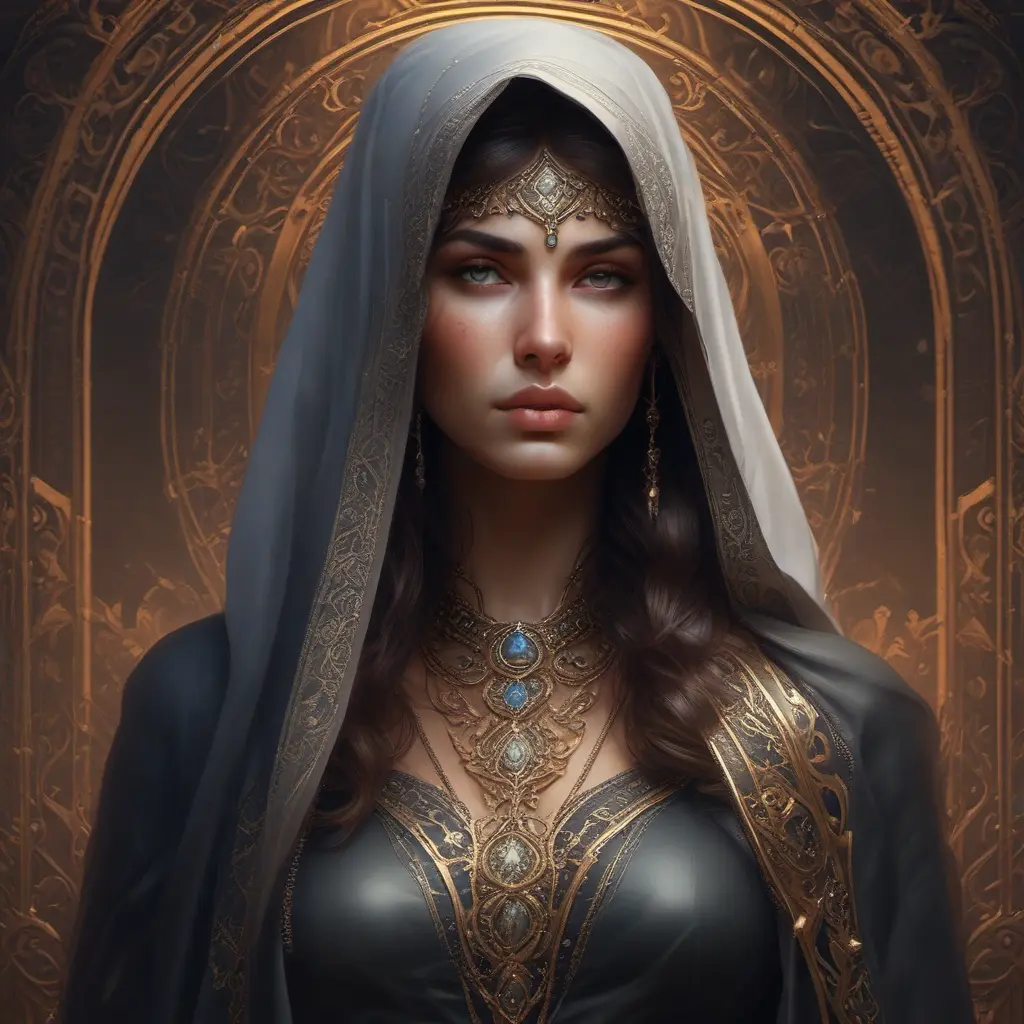 Alluring matte portrait of a beautiful veiled Kassandra wearing a black veil, 8k, Highly Detailed, Intricate, Half Body, Realistic, Sharp Focus, Volumetric Lighting, Fantasy, Elegant by Stanley Artgerm Lau, Alphonse Mucha, WLOP