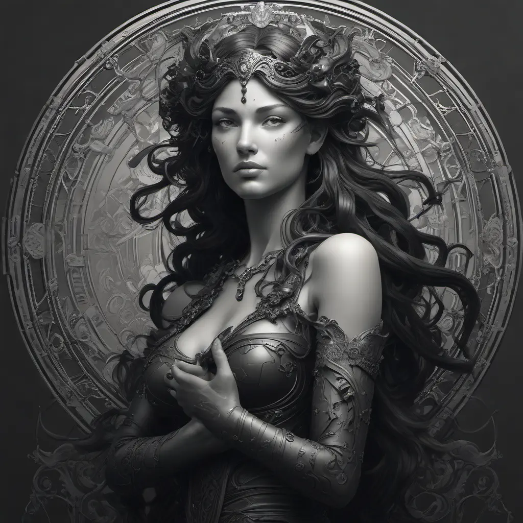 Alluring matte portrait of the beautiful Artemis in black in the style of Stefan Kostic, 8k, Highly Detailed, Intricate, Realistic, Sharp Focus, Volumetric Lighting, Fantasy, Elegant by Stanley Artgerm Lau, Alphonse Mucha, WLOP