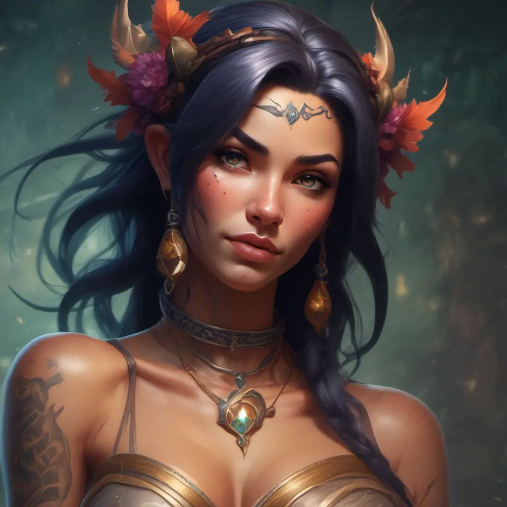 Matte portrait of Nidalee from League of Legends with tattoos, 8k, Highly Detailed, Powerful, Alluring, Artstation, Magical, Digital Painting, Photo Realistic, Sharp Focus, Volumetric Lighting, Concept Art by Stanley Artgerm Lau, Alphonse Mucha, Greg Rutkowski