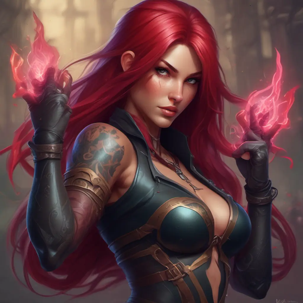 Matte portrait of Katarina from League of Legends with tattoos, 8k, Highly Detailed, Powerful, Alluring, Artstation, Magical, Digital Painting, Photo Realistic, Sharp Focus, Volumetric Lighting, Concept Art by Stanley Artgerm Lau, Alphonse Mucha, Greg Rutkowski