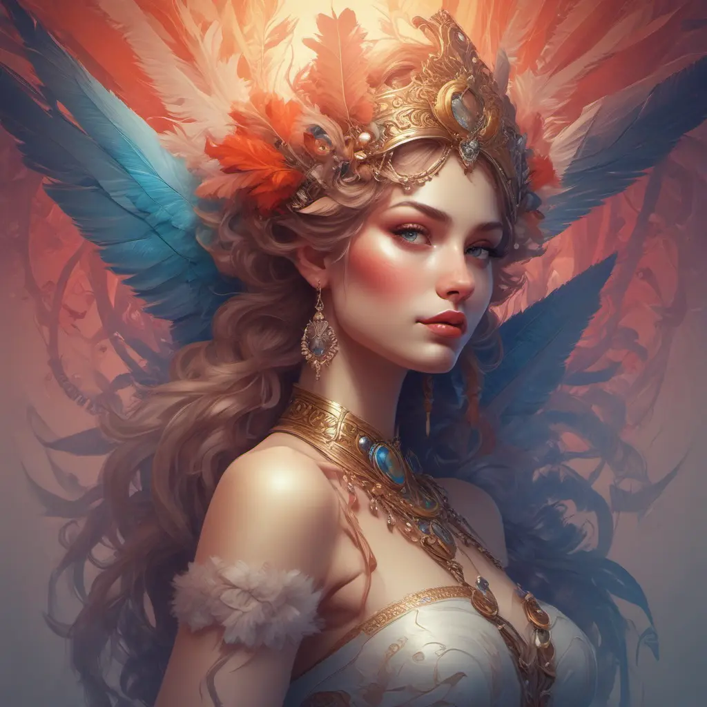 Alluring matte portrait of a beautiful Quinn wearing feathers, 8k, Highly Detailed, Intricate, Half Body, Realistic, Sharp Focus, Volumetric Lighting, Fantasy, Elegant by Stanley Artgerm Lau, Alphonse Mucha, WLOP