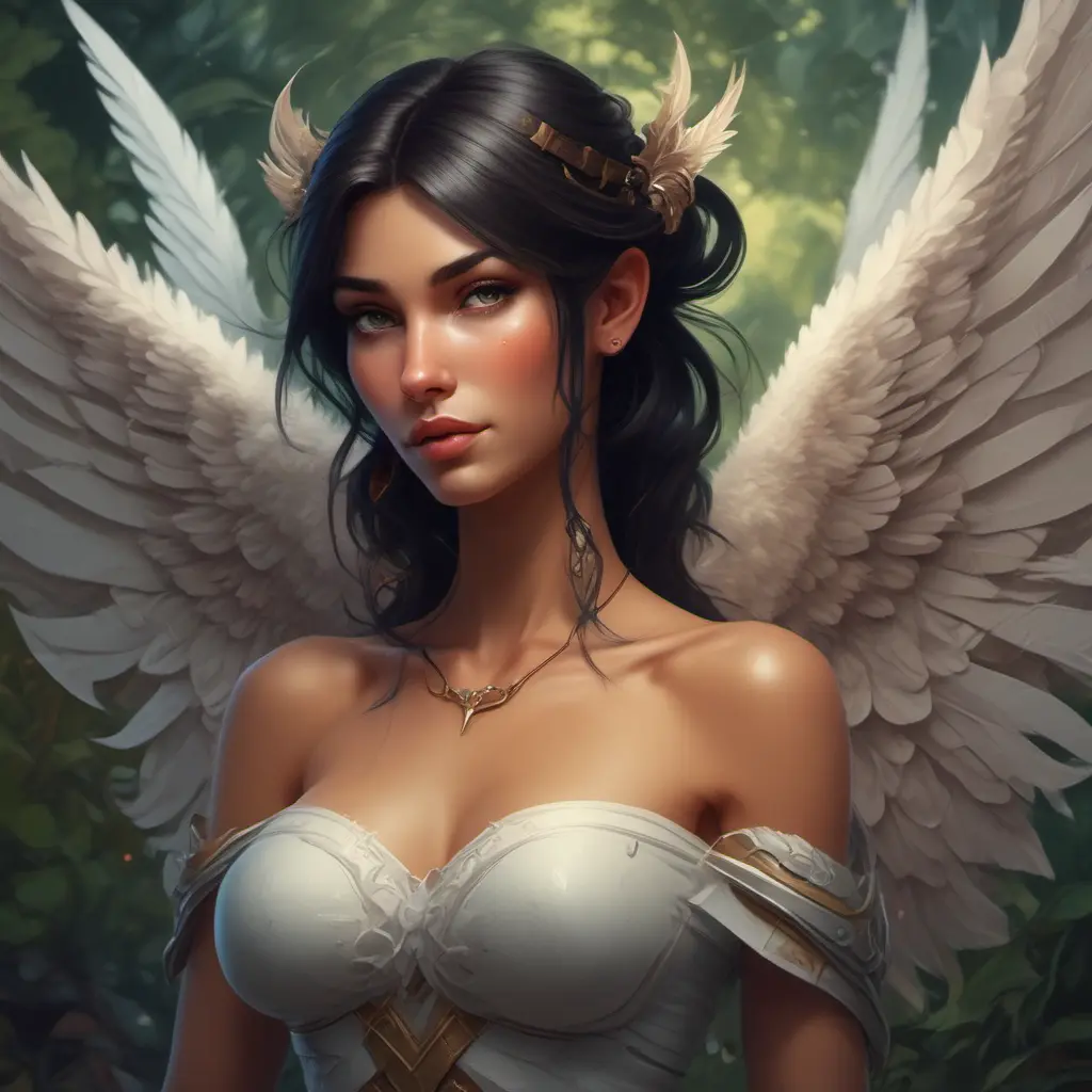 Alluring matte portrait of a beautiful Nidalee with wings, 8k, Highly Detailed, Intricate, Half Body, Realistic, Sharp Focus, Volumetric Lighting, Fantasy, Elegant by Stanley Artgerm Lau, Alphonse Mucha, WLOP