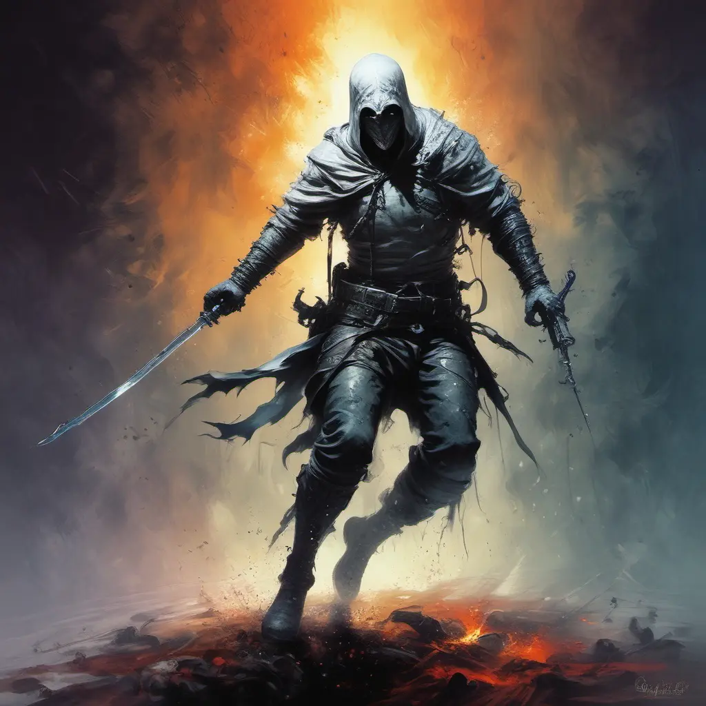 White Assassin emerging from a firey fog of battle, ink splash, Highly Detailed, Vibrant Colors, Ink Art, Fantasy, Dark by Gabriele Dell'otto