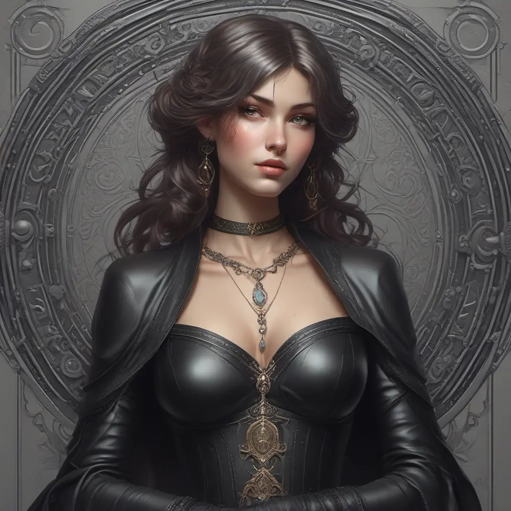 Alluring matte portrait of a beautiful Sona wearing black leather, 8k, Highly Detailed, Intricate, Half Body, Realistic, Sharp Focus, Volumetric Lighting, Fantasy, Elegant by Stanley Artgerm Lau, Alphonse Mucha, WLOP