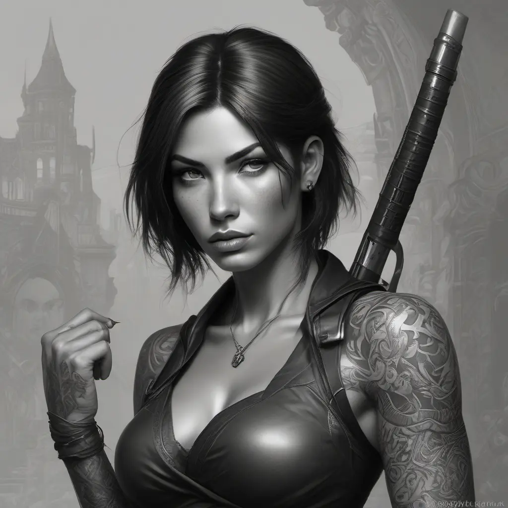 Grayscale matte portrait of a beautiful female assassin with tattoos, 4k, Highly Detailed, Powerful, Alluring, Artstation, Magical, Digital Painting, Photo Realistic, Sharp Focus, Volumetric Lighting, Concept Art by Stanley Artgerm Lau, Alphonse Mucha, Greg Rutkowski