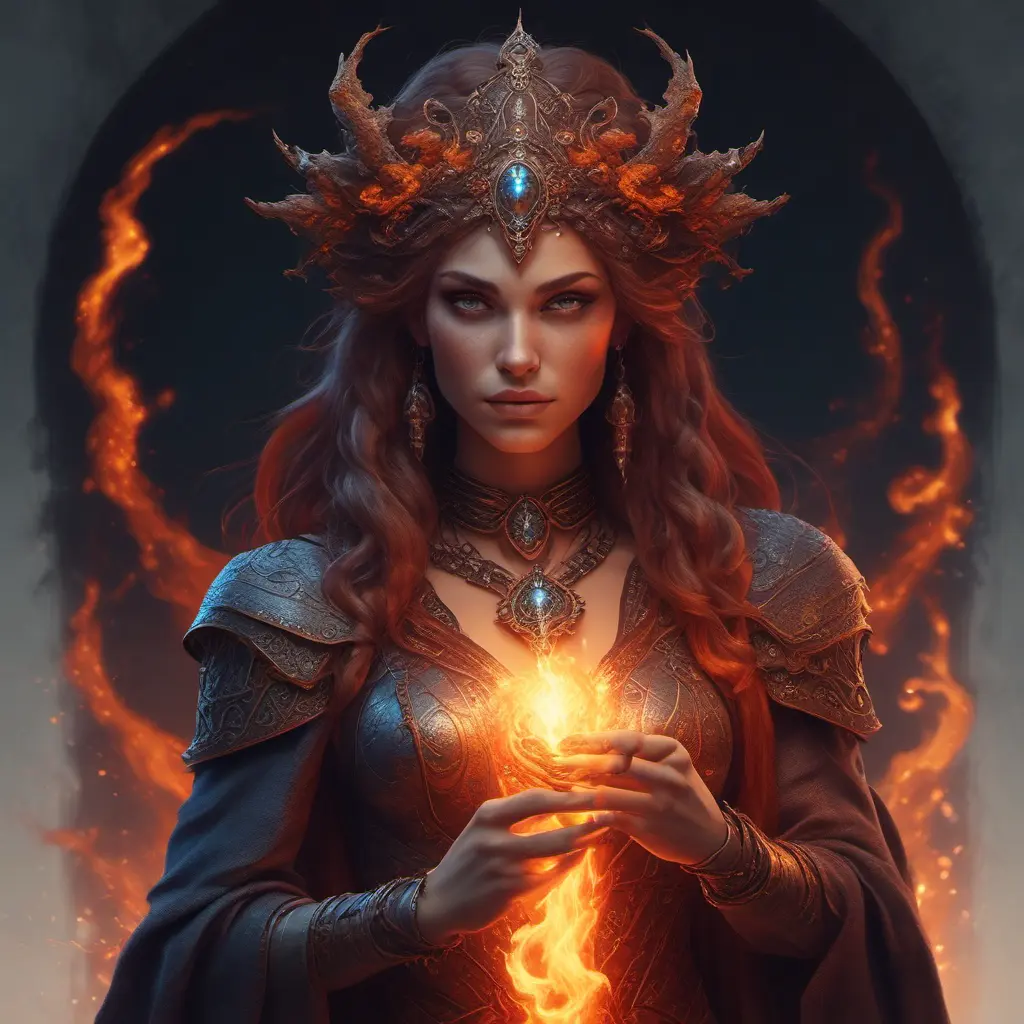 Alluring highly detailed matte portrait of a beautiful fire sorceress in the style of Stefan Kostic, 8k, High Definition, Highly Detailed, Intricate, Half Body, Realistic, Sharp Focus, Fantasy, Elegant