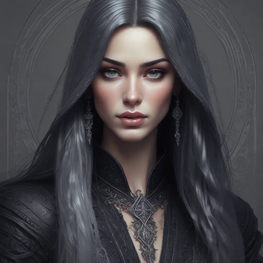 Alluring matte portrait of a beautiful veiled Yennefer in black with long straight black hair, 8k, Highly Detailed, Intricate, Half Body, Realistic, Sharp Focus, Volumetric Lighting, Fantasy, Elegant by Stanley Artgerm Lau, Alphonse Mucha, WLOP