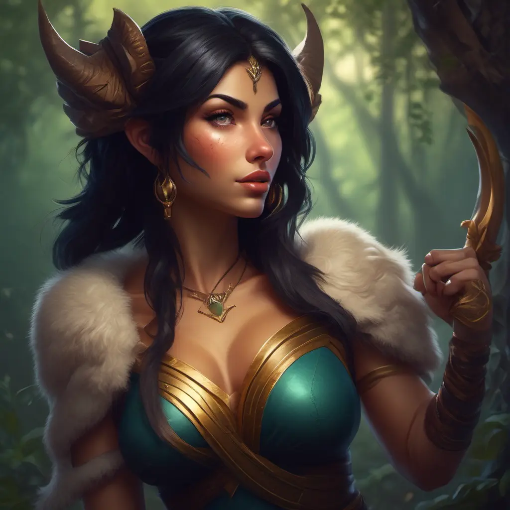 Alluring matte portrait of a beautiful Nidalee in the style of Stefan Kostic, 8k, Highly Detailed, Intricate, Half Body, Realistic, Sharp Focus, Volumetric Lighting, Fantasy, Elegant by Stanley Artgerm Lau, Greg Rutkowski