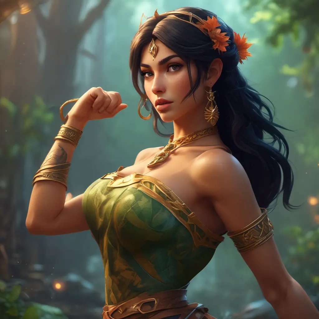 Nidalee from League of Legends, 8k, Highly Detailed, Alluring, Photo Realistic, Sharp Focus, Octane Render, Unreal Engine, Volumetric Lighting by Alphonse Mucha