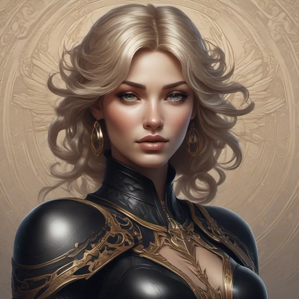 Alluring matte portrait of a beautiful Kayle wearing black leather, 8k, Highly Detailed, Intricate, Half Body, Realistic, Sharp Focus, Volumetric Lighting, Fantasy, Elegant by Stanley Artgerm Lau, Alphonse Mucha, WLOP