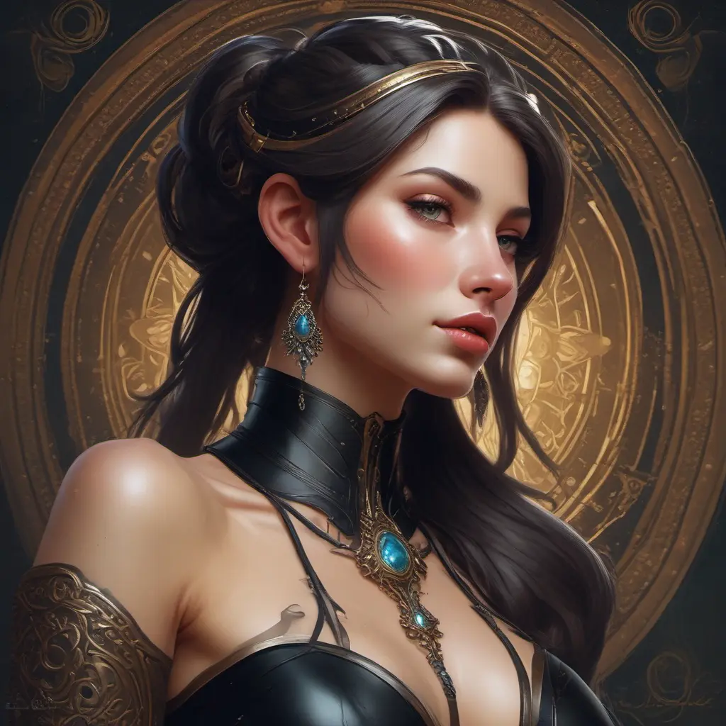 Alluring matte portrait of a beautiful Sona wearing black leather, 8k, Highly Detailed, Intricate, Half Body, Realistic, Sharp Focus, Volumetric Lighting, Fantasy, Elegant by Stanley Artgerm Lau, Alphonse Mucha, WLOP