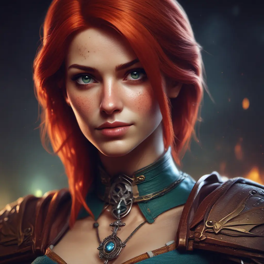 Alluring Triss Merigold as a rouge mage in The Witcher 3 Style, 4k, Highly Detailed, Beautiful, Cinematic Lighting, Sharp Focus, Volumetric Lighting, Closeup Portrait, Concept Art