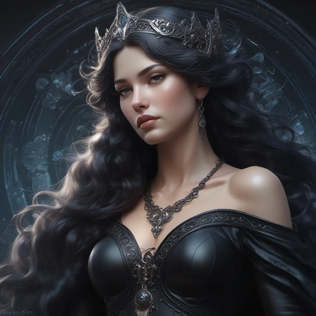 Alluring matte portrait of the beautiful goddess Selene in black, 8k, Highly Detailed, Intricate, Realistic, Sharp Focus, Volumetric Lighting, Fantasy, Elegant by Stanley Artgerm Lau, Alphonse Mucha, WLOP