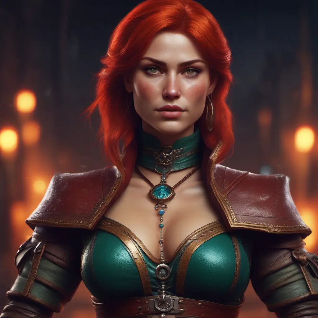 Alluring Triss Merigold as a rouge mage in The Witcher 3 Style, 4k, Highly Detailed, Beautiful, Cinematic Lighting, Sharp Focus, Volumetric Lighting, Closeup Portrait, Concept Art