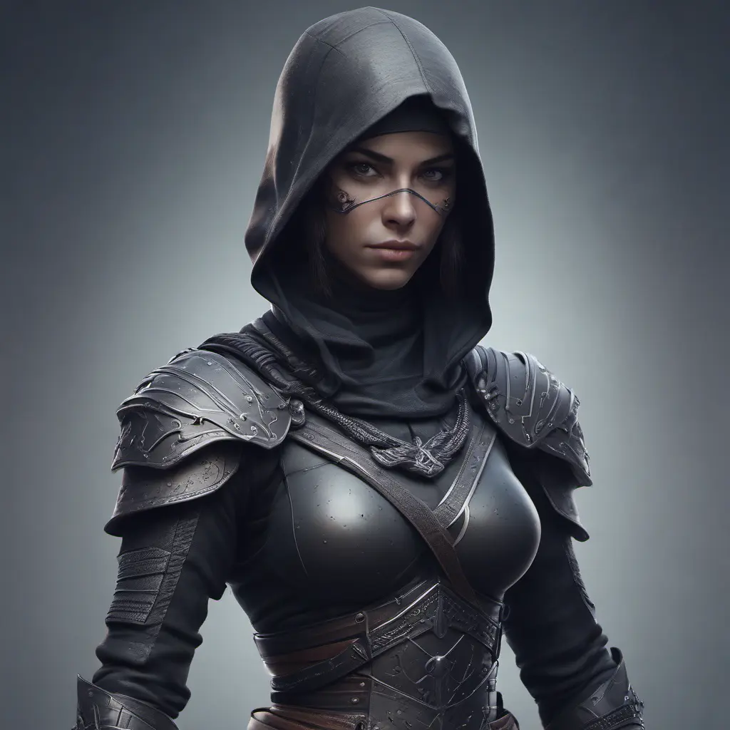 Alluring highly detailed matte portrait of beautiful female ninja wearing Assassin Creed armor in the style of Stefan Kostic, 8k, High Definition, Highly Detailed, Intricate, Half Body, Realistic, Sharp Focus, Fantasy, Elegant