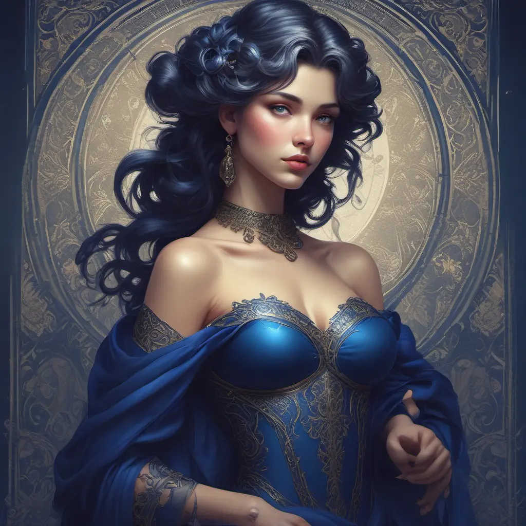 Alluring matte portrait of a beautiful A2 wearing dark blue, 8k, Highly Detailed, Intricate, Half Body, Realistic, Sharp Focus, Volumetric Lighting, Fantasy, Elegant by Stanley Artgerm Lau, Alphonse Mucha, WLOP, Stefan Kostic