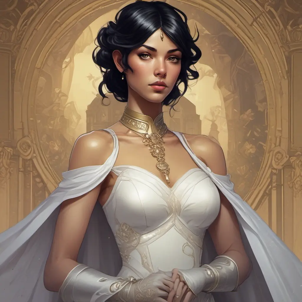 Cassandra cain in a wedding dress, riot entertainment, Realistic, Artgerm, Concept Art, Portrait by Alphonse Mucha, Greg Rutkowski