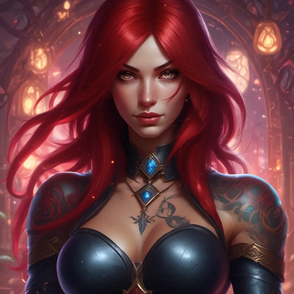 Matte portrait of Katarina from League of Legends with tattoos, 8k, Highly Detailed, Powerful, Alluring, Artstation, Magical, Digital Painting, Photo Realistic, Sharp Focus, Volumetric Lighting, Concept Art by Stanley Artgerm Lau, Alphonse Mucha, Greg Rutkowski